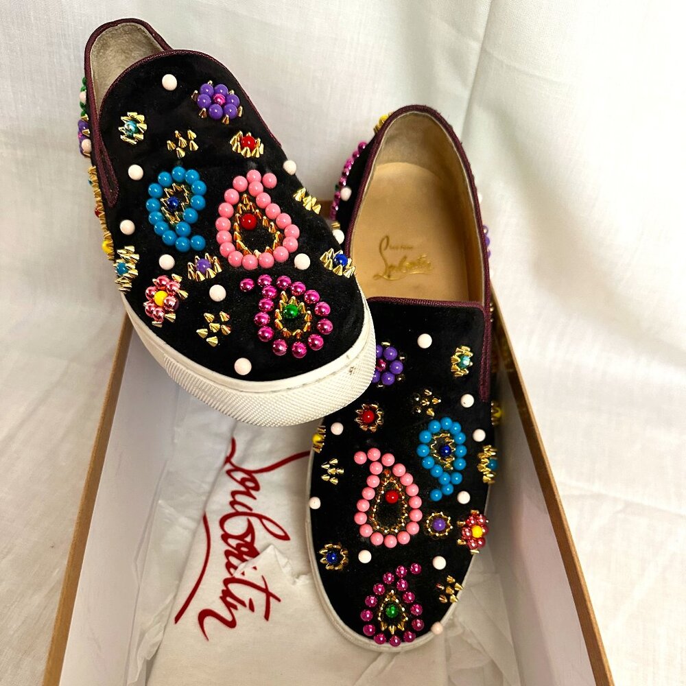 CHRISTIAN LOUBOUTIN Velvet Beaded Candy Boat Flats